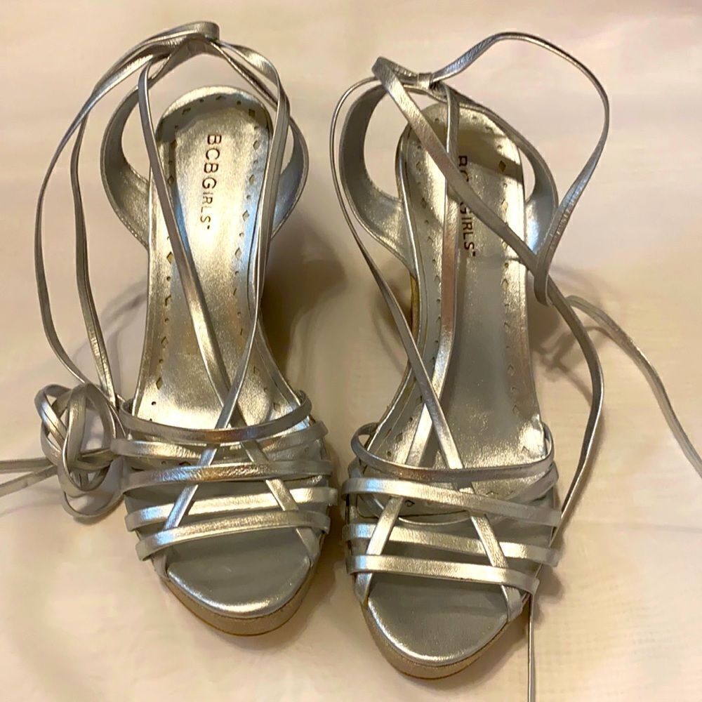 BCBGirls Silver Wedge Shoes 4.5 heels